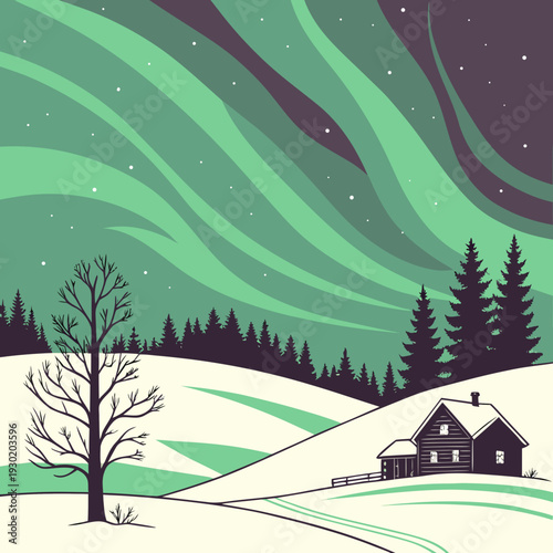 Mystical Winter Landscape with Wooden Cabin Under Green Aurora Borealis and Snow-Covered Hills at Night