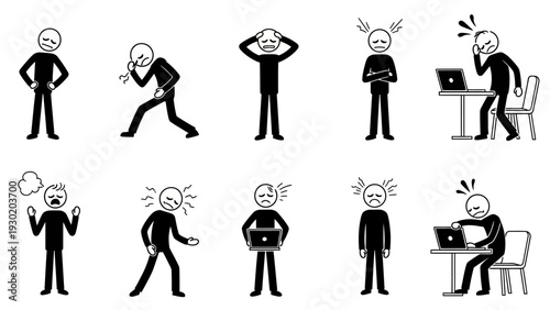 Stylized illustrations of stressed people in various frustrated poses with and without laptops