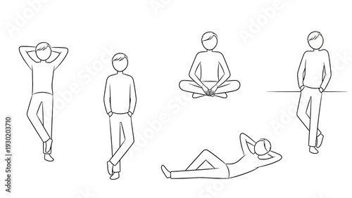 Line drawing of various people in different poses and exercises