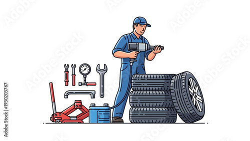 Mechanic standing with tire and tools in garage workshop environment
