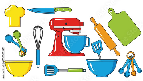 Colorful kitchen utensils and tools for baking and cooking illustrated