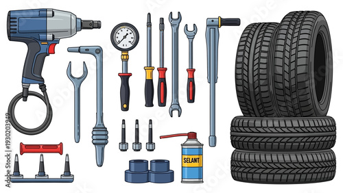 Tire changing tools and equipment for automotive maintenance and repair services