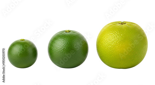 A small green lime next to a medium green lime and a large yellow lime isolated on transparent background