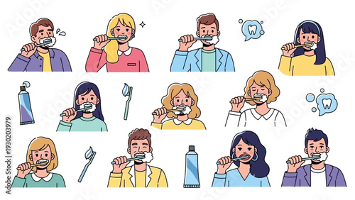 People brushing teeth with toothbrushes and toothpaste in a cartoon style