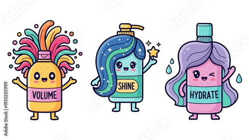 Colorful vector illustrations of three shampoo bottles with distinct hairstyles and labels