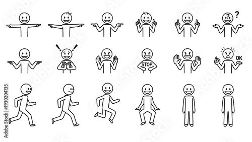 Stick figures with various gestures and expressions on white background
