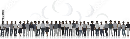 A diverse group of people standing together in a line on a white background