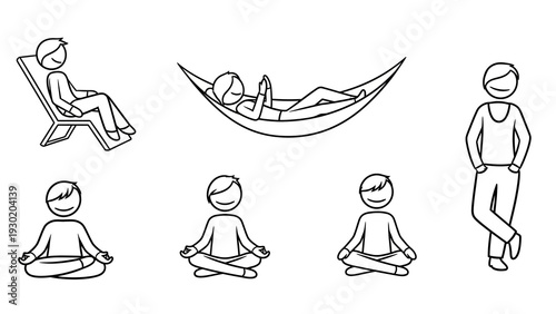 Various people engaging in relaxation and meditation poses in a vector graphic illustration