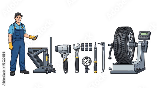 Mechanic standing with tire changing equipment and tools on a white background