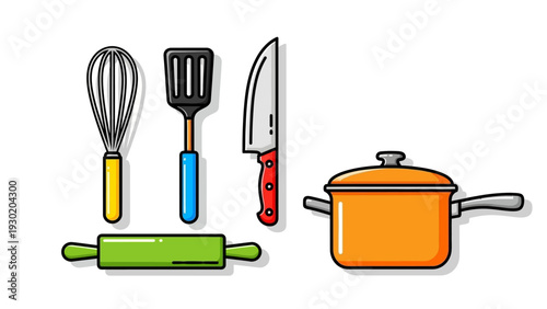 Kitchen utensils and cookware set with rolling pin, pot, knife, whisk and spatula