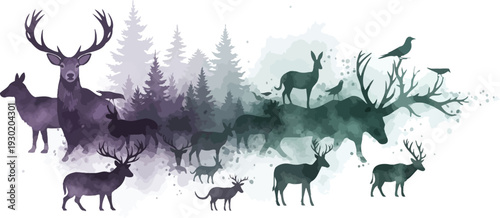 A serene forest scene featuring a herd of deer and trees in a watercolor design