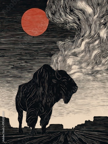 Majestic Bison Beneath a Fiery Sunset: A Stunning Artistic Depiction