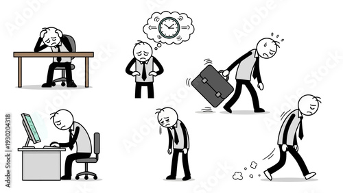 Stressed businessman experiencing office frustration and anxiety in various scenarios daily