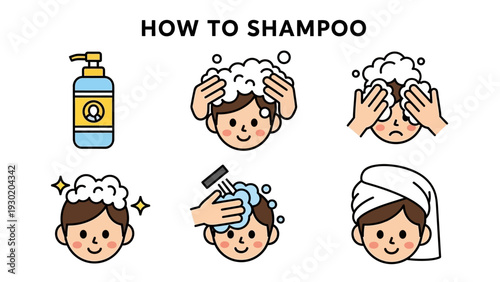 Cartoon guide to shampooing hair with soap bubbles and towel