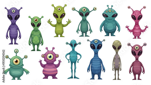 Colorful vector illustration of diverse cartoon aliens with unique features and expressions