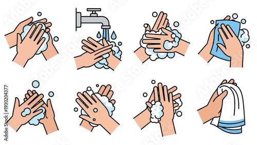 Vector graphic illustration of proper handwashing steps with soap and water