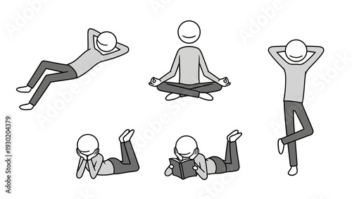 Stick figure illustrations of people in various relaxation poses and yoga positions calmly