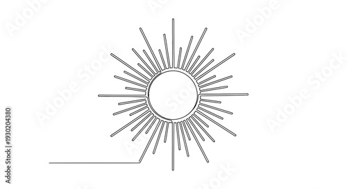 Minimalist Sun Line Art Drawing, Celestial Body, Radiant Starburst, Simple Graphic Element