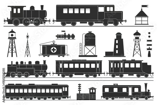 Black and White Illustration of Various Train Transportation Vehicles and Railway Infrastructure Elements, Including Locomotives, Passenger Trains, Freight Cars, Tracks, and Signals