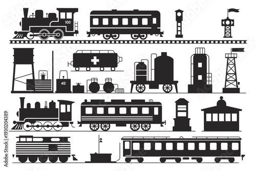 Black and White Illustration of Various Train Transportation Vehicles and Railway Infrastructure Elements, Including Locomotives, Passenger Trains, Freight Cars, Tracks, and Signals