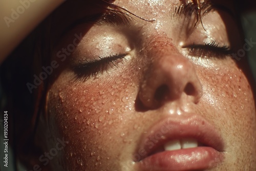 A close-up of a woman's face with sweat on her skin