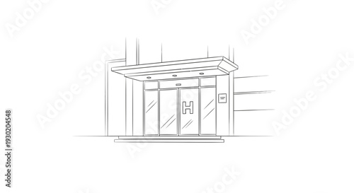 Modern Building Entrance with Glass Doors and Canopy - Architectural Sketch