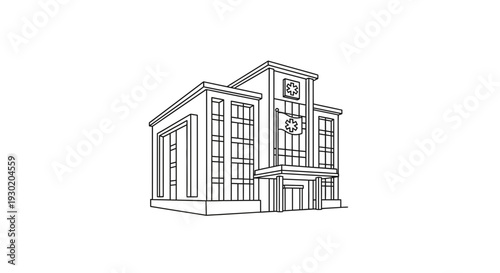 Modern Building Facade with Clock and Windows - Architectural Line Art