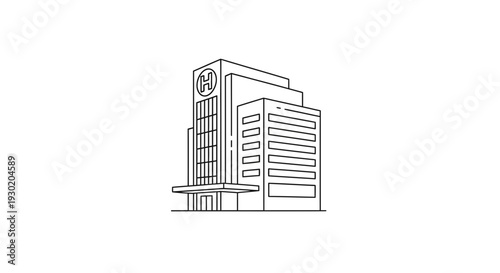 Modern Hospital Building Exterior Line Art Icon, Healthcare Facade Symbol