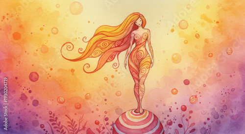 Graceful ethereal goddess: Watercolor silhouette standing on a sphere amidst warm bubbles. Design for yoga studio branding, wellness blog illustrations, or spiritual stationery. SVG version.