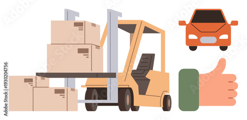 Logistics, transportation, warehouse operations. Vector illustration. Supply chain goods delivery, positive feedback. Forklift lifting boxes alongside car icon and thumbs-up gesture. Logistics concept