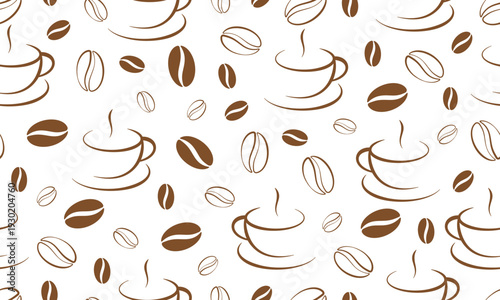 Cup of coffee and coffee beans seamless pattern. Coffee background.