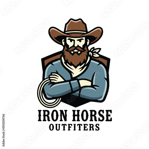 Wallpaper Mural Strong western man wearing a classic cowboy hat bandana and beard with crossed arms holding a lasso in a prominent emblem design for outdoor Torontodigital.ca