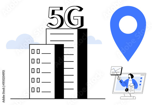 5G network illustration. 5G connectivity powers communication, enhancing digital tools and precise geolocation services. 5G is essential for smart cities, apps, IoT, and cloud networking
