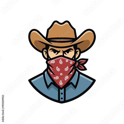 Front view of a rugged Western character wearing a classic cowboy hat and a red spotted bandana covering their face creating a sense of mystery and