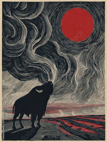 Majestic Bison Under a Radiant Red Moon: A Stunning Artwork of Nature's Beauty