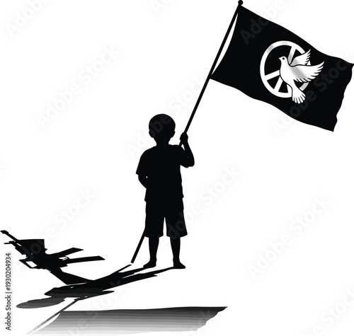 A silhouette of a child holding a peace flag with a dove and wheel symbol.