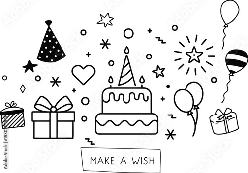 Black outline doodle make a wish lettering with cake, balloons, party hat and gift boxes illustration