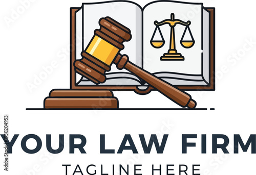 A graphic illustration of a law firm logo with a gavel and scales of justice