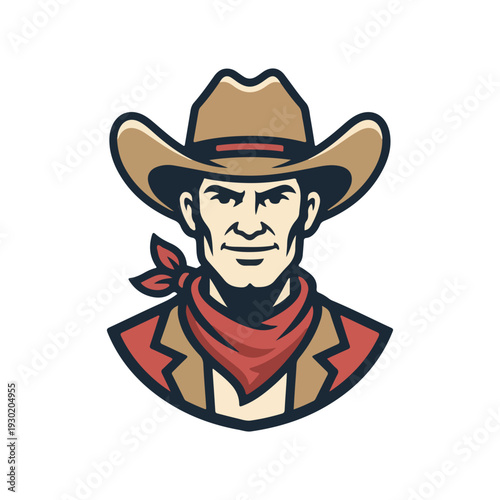 A confident western man wearing a classic cowboy hat and a vibrant red bandana stands ready for any challenge in this distinctive character depiction