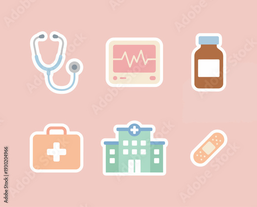 Medical icons set including stethoscope, monitor, medicine bottle, first aid kit, hospital building, and bandage.