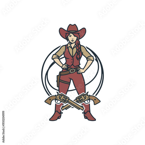 Stylized depiction of a confident female character dressed as a cowgirl in a hat vest and boots holding crossed revolvers with a lasso background