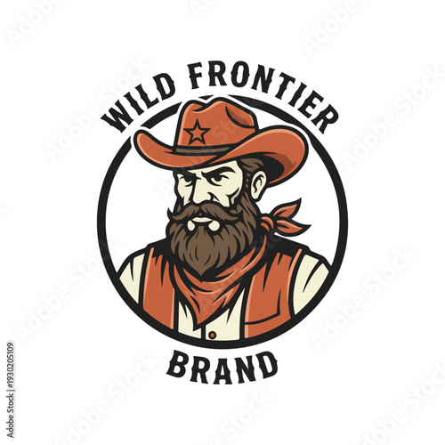 Strong Western character emblem showing a bearded man in a cowboy hat and bandana Ideal for vintage branding apparel and adventure themes