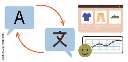 Language translation. Vector illustration. localization, e-commerce, global trade, business analytics, online shopping. Speech bubbles language symbols, e-commerce chart. Localization e-commerce