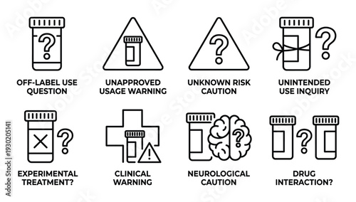 Drug usage question and warning icons set for pharmaceutical caution and inquiry