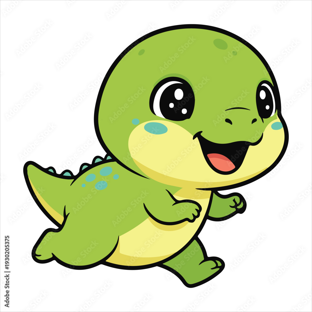 Obraz premium Playful Baby Dino Running illustration, Cute Dinosaur Clipart, Cartoon Dinosaur Nursery Kids, Baby T-rex Dino isolated, kawaii Dino reptile Graphic