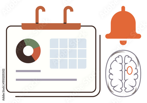 Task management, productivity. Vector illustration. neuroscience, time tracking, planning, cognitive scheduling. A calendar with chart, bell and brain graphic. Task management and enhancement concept