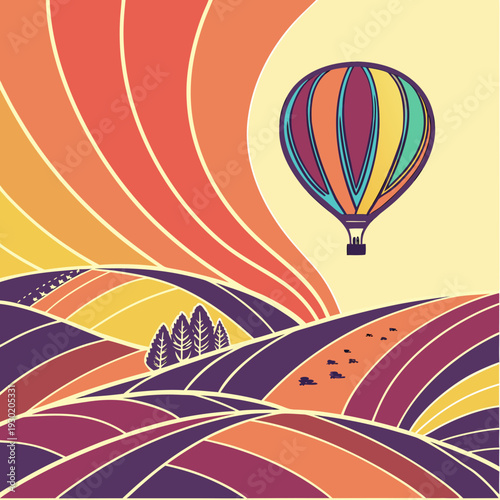 Vibrant Retro Hot Air Balloon Floating over Colorful Striped Rolling Hills Landscape - Abstract Vintage Style Travel and Adventure Illustration