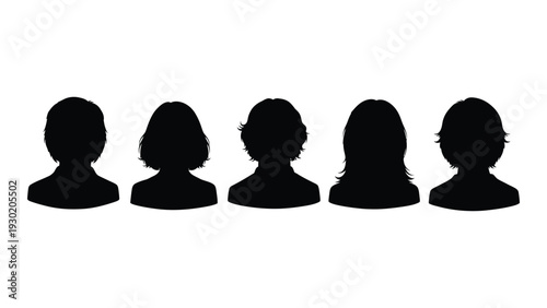 A group of five black silhouettes of people's heads isolated on white background, Vector