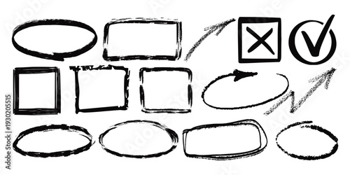 Crayon chalk pastel stroke rectangles square circle oval ellipse collection. Retro vintage vector borders templates. Colorful Hand Drawn Brush Texture Dialogue Text Frames.