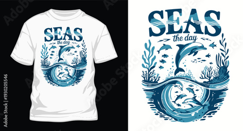 Seas the day t-shirt design with dolphins and ocean waves